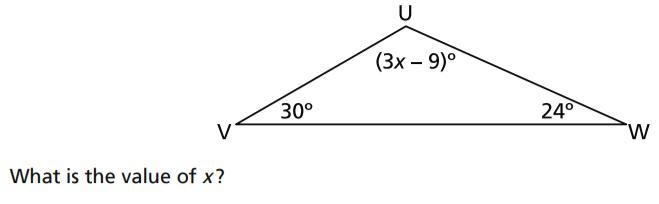 The measures of the angles in triangle UVW are shown in the diagram below: A. 21 B-example-1