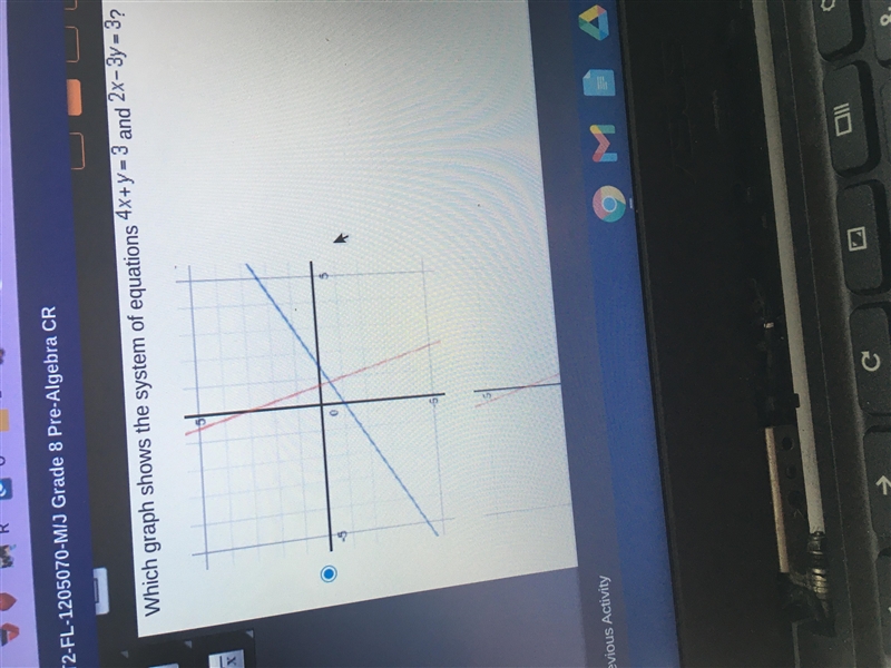 Which graph shows the system of equations 4x+y=3 and 2x-3y=3?-example-1