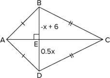 In kite ABCD, BE = –x + 6 and ED = 0.5x. Determine the value of x in the kite shown-example-1