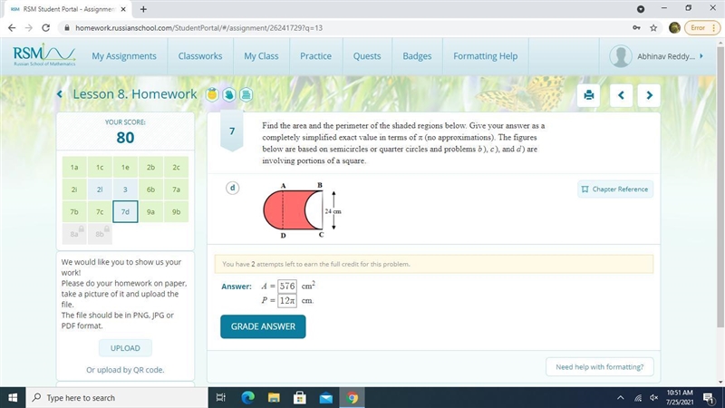 Find area and perimeter of shaded area and the perimeter is not 96-example-1