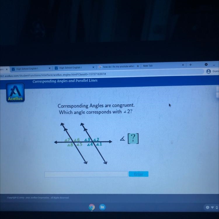 Acellus Corresponding Angles are congruent. Which angle corresponds with < 2? 4246 4342 4845 44141 «[?] Enter-example-1