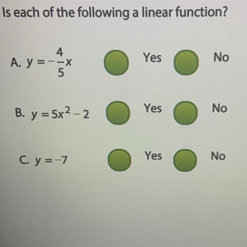 Is each of the following a linear function? 4 A. Y = --x 5 A.y = - Yes No B. y = 5x-example-1