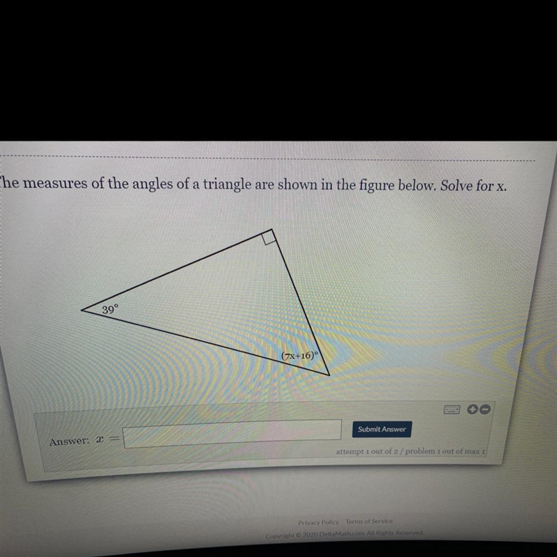 03, The measures of the angles of a triangle are shown in the figure below. Solve-example-1