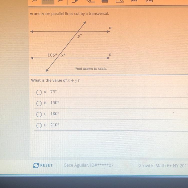 M and n are parallel lines cut by a transversal. What is the value of x + y?-example-1