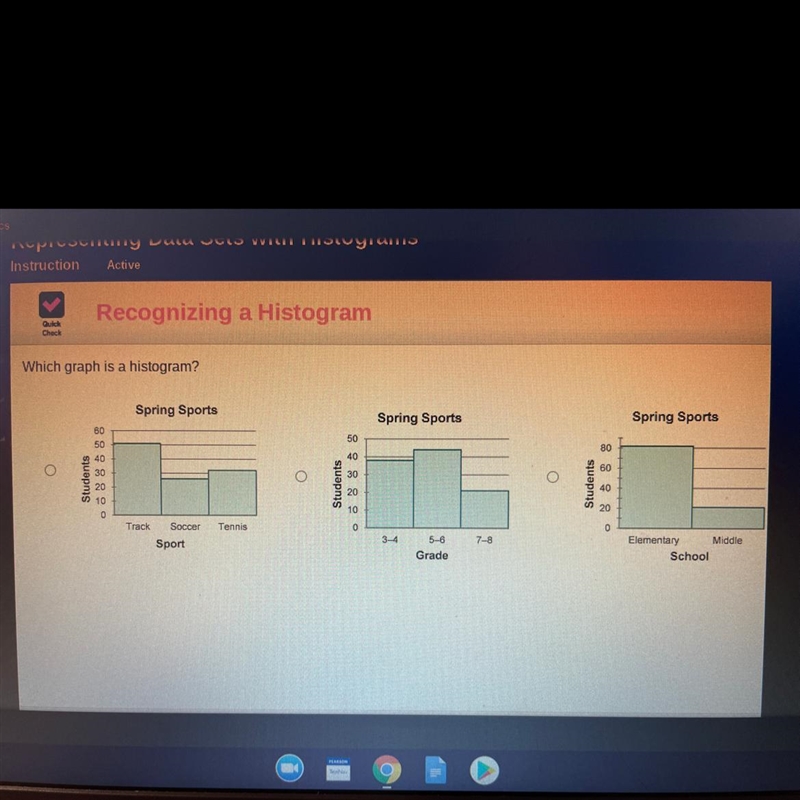 PLEASE ANSWER ASAP!!! Which graph is a histogram?-example-1