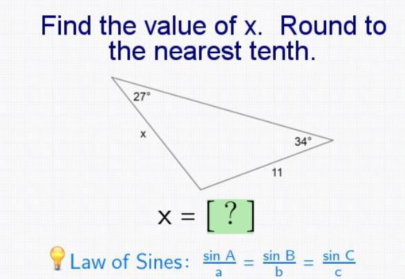 Law of Sines! Am I on the right track? sin34/x = sin27/11 = sinθ/θ-example-1