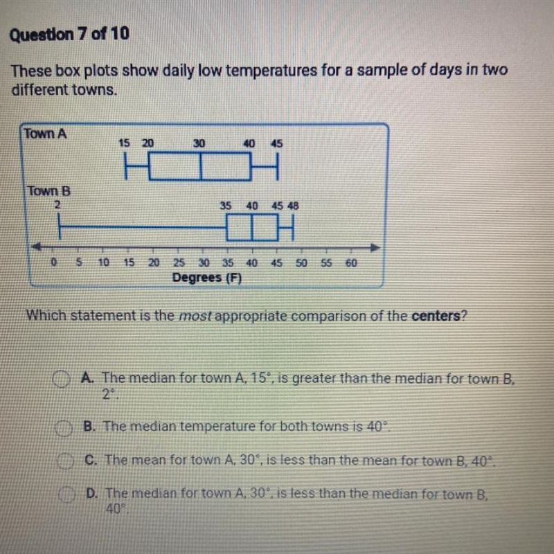 These box plots show daily low temperatures for a sample of days in two different-example-1