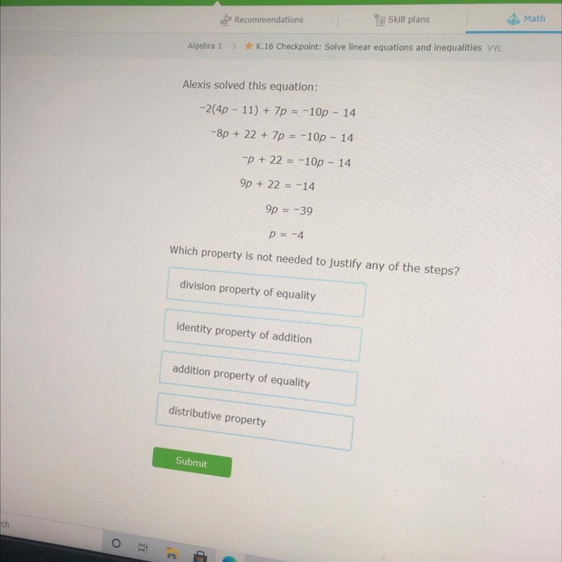 -2(4p - 11) + 7p = -10p - 14 -8p + 22 + 7p = -10p - 14 -p + 22 = -10p - 14 9p + 22 = -14 9p-example-1