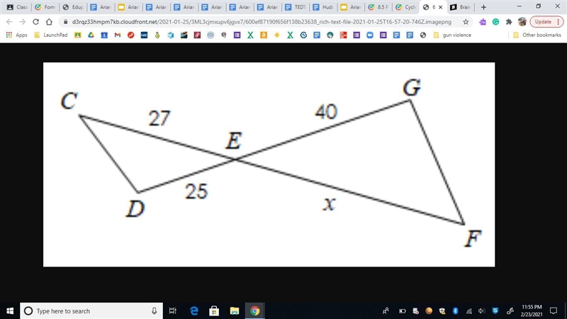 If ΔCDE ~ ΔFGE, find the value of x.-example-1