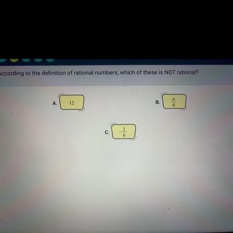 According to the definition of rational number witch of these is not rational 12 -1/6 6/0-example-1