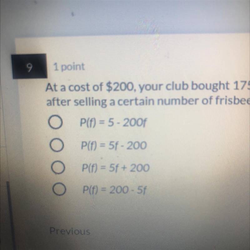 1 point At a cost of $200, your club bought 175 frisbees to sell at the pep rally-example-1