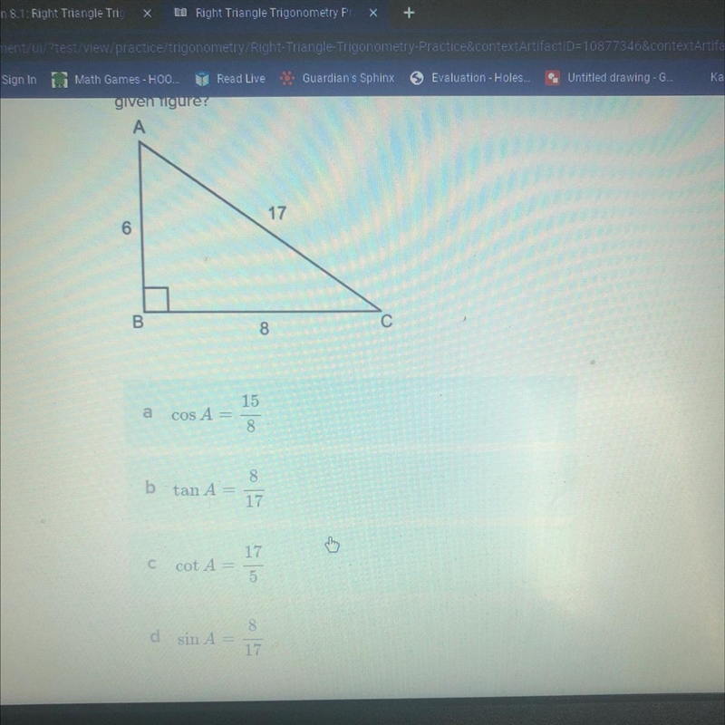 Which equation shows a correct trigonometric ratio for the given figure?-example-1