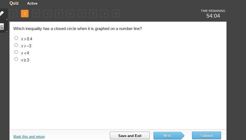 I NEED AN ANSWER ASAP PLZZZ!!! Which inequality has a closed circle when it is graphed-example-1