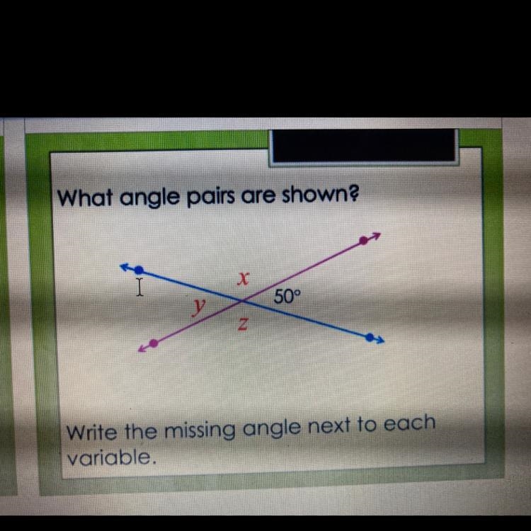 Can someone please help me find the missing angles to each variable-example-1