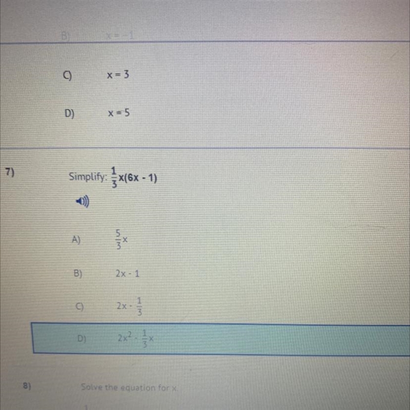 Simplify:{x(6x - 1 A) B) 2x-1 9 2x x- 2x7.5 D-example-1