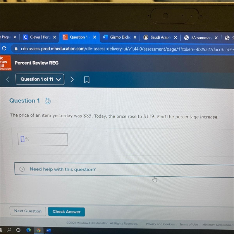 The price of an item yesterday was $85. Today, the price rose to $119. Find the percentage-example-1