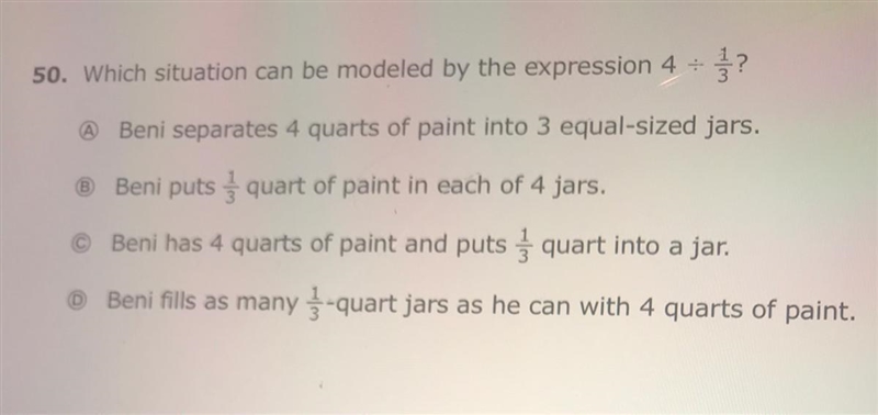 Which situation can be modeled by the expression 4 divided 1/3-example-1