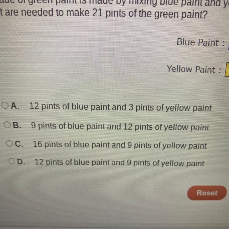 A shade of green paint is made by mixing blue paint and yellow paint in the ratio-example-1