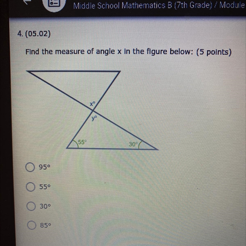 Find the measure of angle x in the figure below: (5 points) х у (55) 950 ООС 55° 30 850-example-1