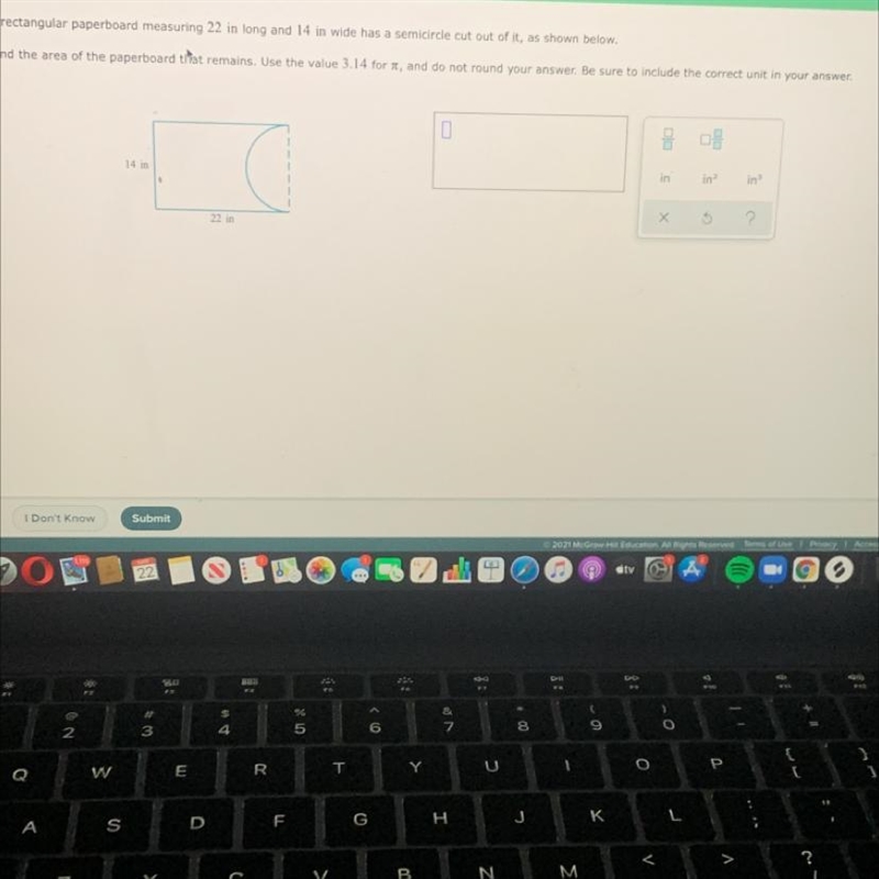 Help please ! A rectangular paperboard measuring 22 in long and 14 in wide has a semicircle-example-1