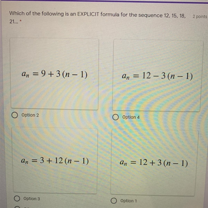 Which of the following is an EXPLICIT formula for the sequence 12, 15, 18, 2 points-example-1