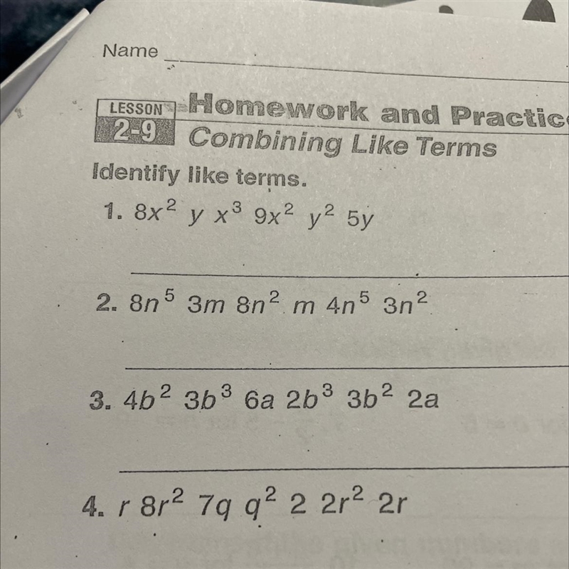 Identify like Terms 8x2 yx3 9x2 y2 5y￼-example-1