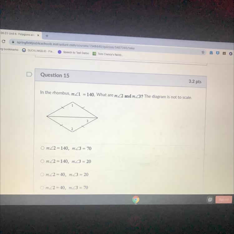 In the rhombus, mZ1 = 140. What are mZ2 and mZ3? The diagram is not to scale.-example-1