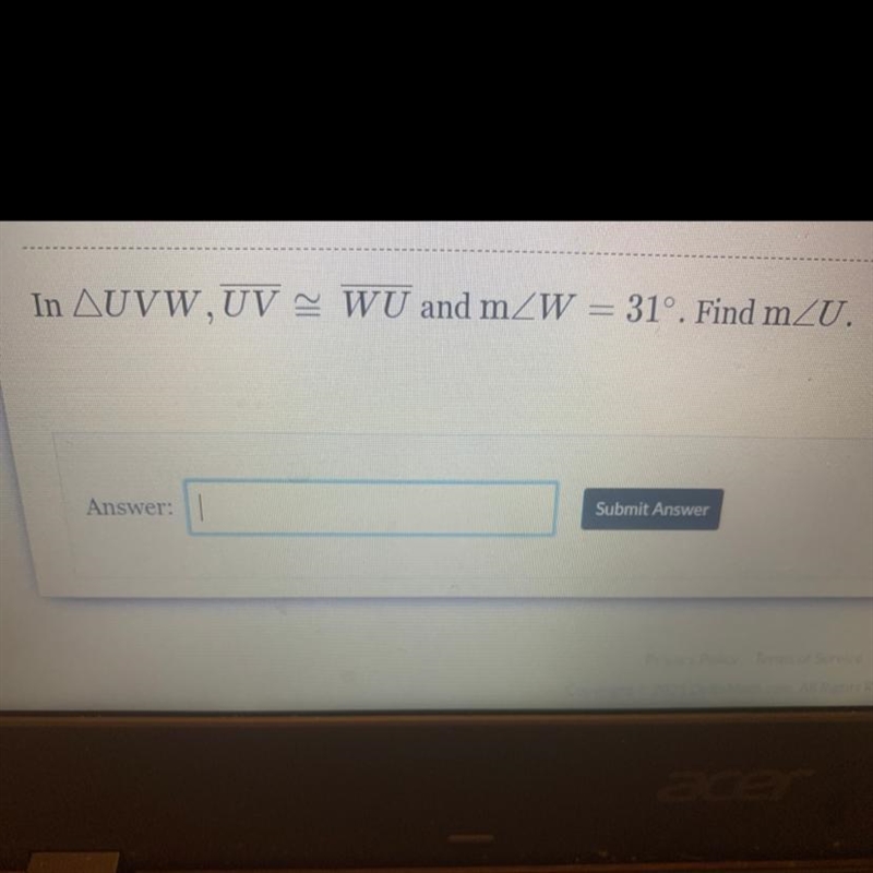 In AUVW,UV = WU and m_W = 31°. Find mZU.-example-1