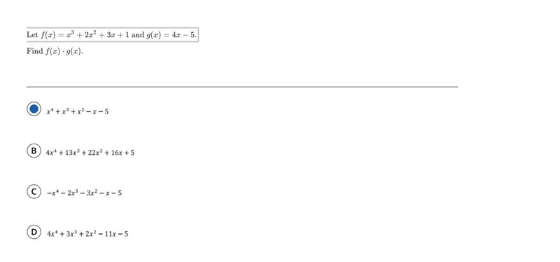 Let f(x) = x^3 + 2x^2 + 3x + 1 and g(x)= 4x-5 Find f(x) x g(x)-example-1