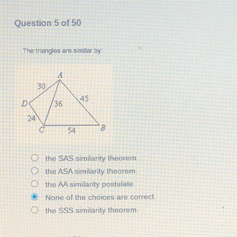 Help please!! The triangles are similar by: the SAS similarity theorem. the ASA similarity-example-1