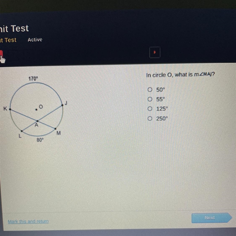 170° In circle o, what is mZMAJ? O 50° J O 55° K O 125° O 250° A L M 80°-example-1