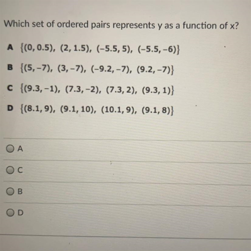 I’m confused on how to find the right set of ordered pairs-example-1