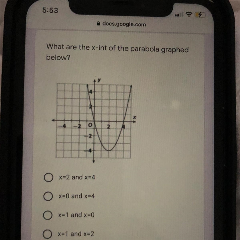 What are the x-int of the parabola graphed below? 2 N O x=2 and x=4 Ox=0 and x=4 O-example-1