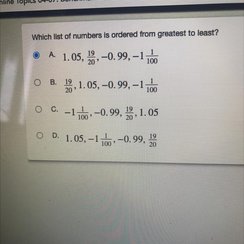 Which list of numbers is ordered from from greatest to least?-example-1