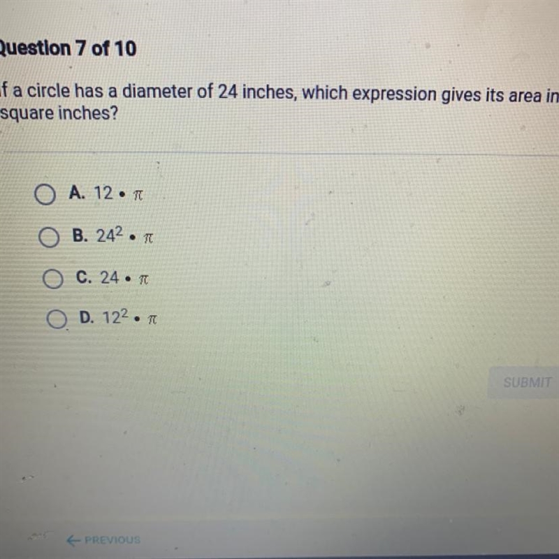 If a circle has a diameter of 24 inches, which expression gives its area in square-example-1