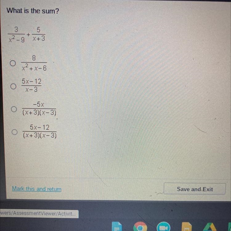 What is the sum? CO 3 5 x2-gx+3 + 8 x2+x-6 O 5x-12 X-3 -5x (x+3)(x-3) O 5x-12 (x+3)(x-example-1