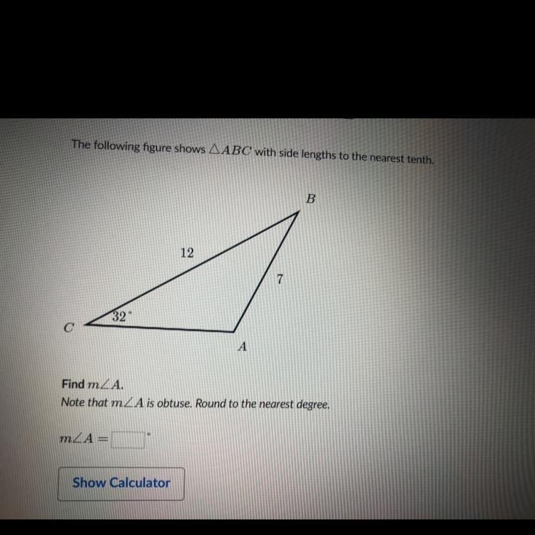 The following figure shows AABC with side lengths to the nearest tenth. B 12 7 32 A-example-1