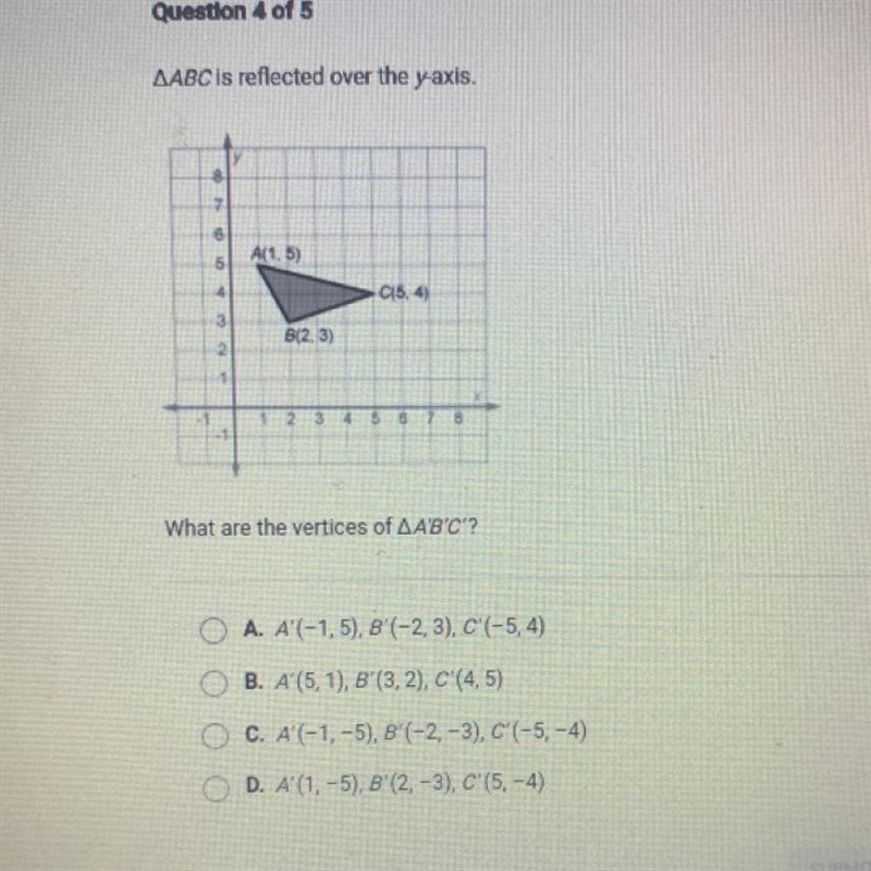 Question 4 of 5 AABC is reflected over the yaxis. 7 6 6 A(1,5) 4 C5, 4) 3 B(2,3) 2 1 12 3 4 5 E-example-1