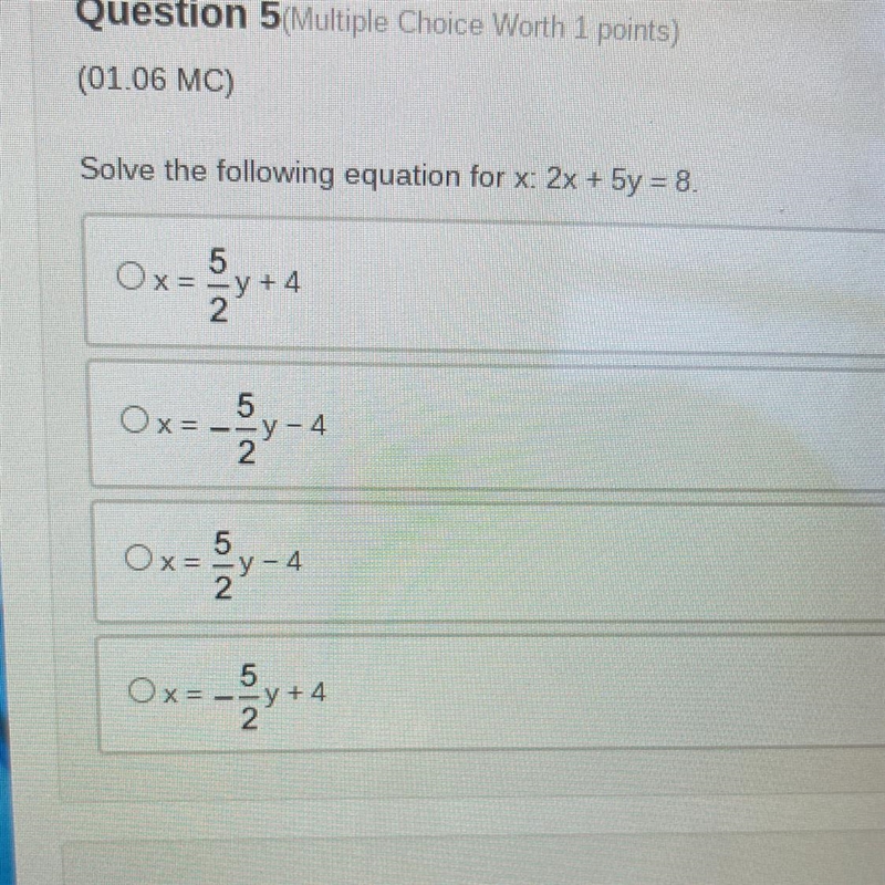 Solve the following equation for x: 2x + 5y = 8.-example-1