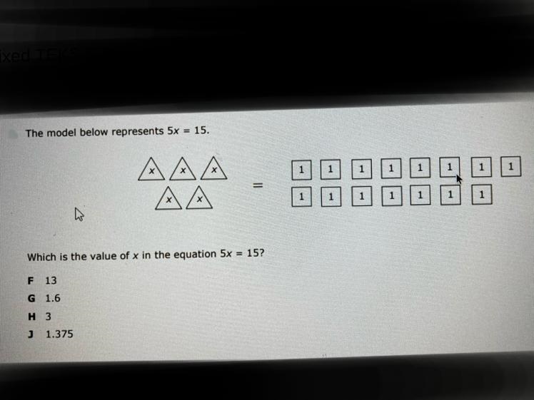 The model below represents 5x = 15. Which is the value of x in the equation 5x = 15?-example-1