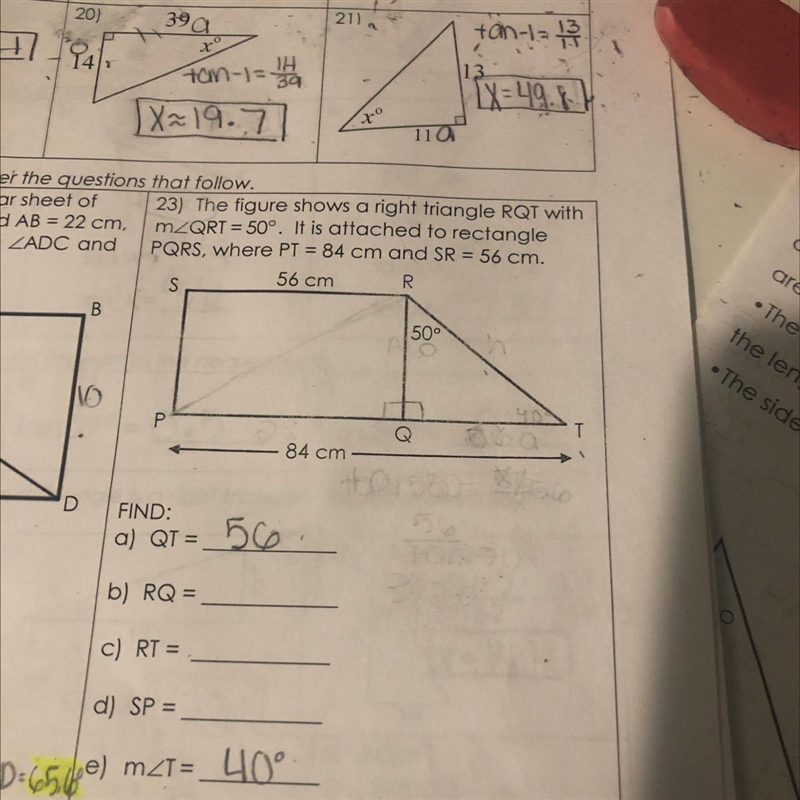 The figure shows a right triangle RQT with mZQRT = 50°. It is attached to rectangle-example-1