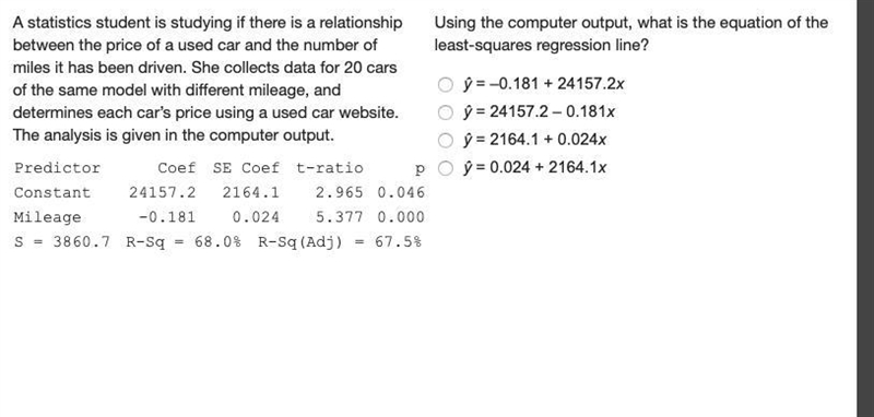 A statistics student is studying if there is a relationship between the price of a-example-1