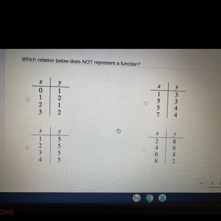 Which relation below does NOT represent a function?-example-1