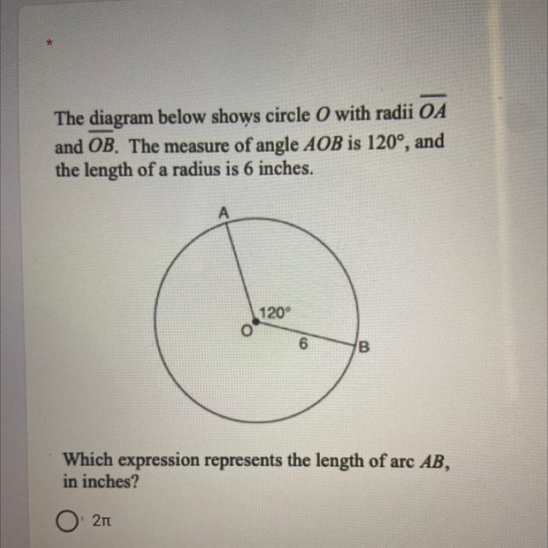 The diagram below shows circle with radii OA and OB. The measure of angle AOB is 120°, and-example-1