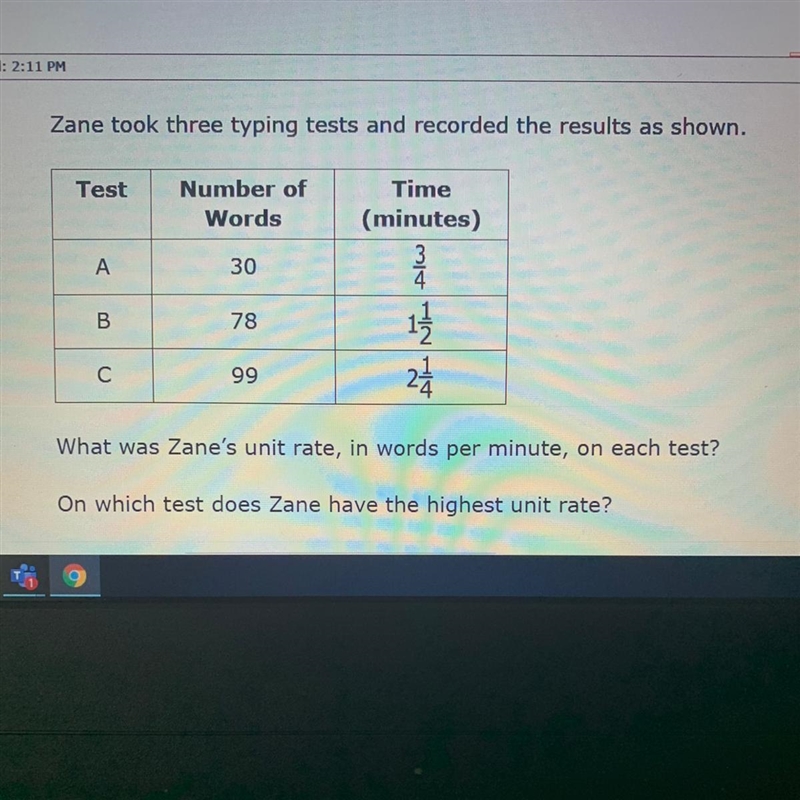 What was Zane's unit rate, in words per minute, on each test? On which test does Zane-example-1