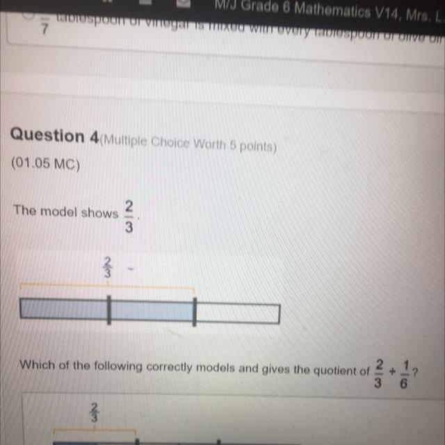 The model shows 2/3 Which one of the following correctly models and gives the quotient-example-1