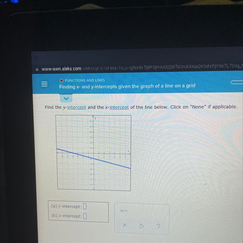 Find the y-Intercept and the x-intercept of the line below. Click on "None&quot-example-1