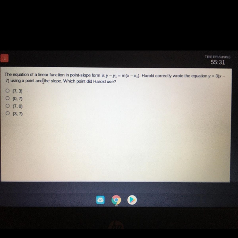 The equation of a linear function in point-slope form is y-y1=m(x-x1). Harold correctly-example-1