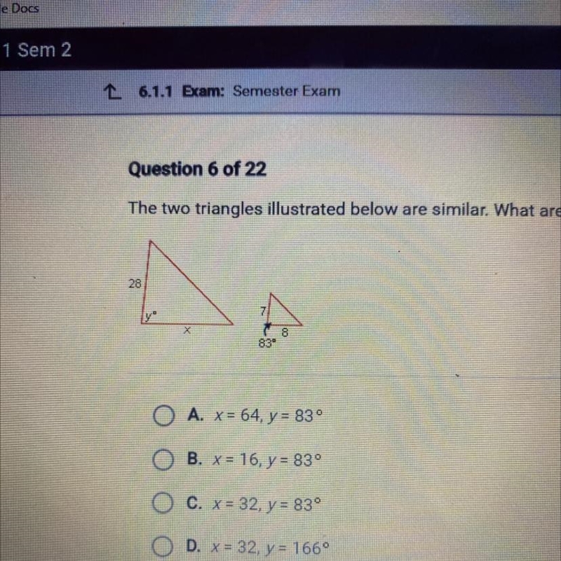 The two triangles illustrated below are similar. What are the values of x and y?-example-1