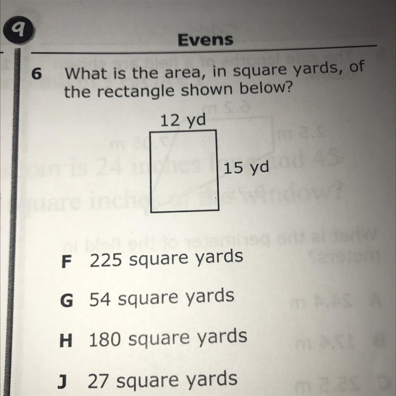 What is the area,in square yards of the rectangle shown down below 12yd 15yd Answer-example-1